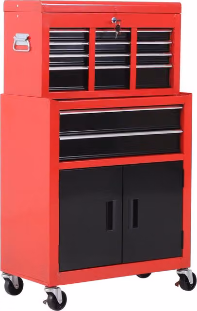 Carrello porta attrezzi 2 in 1 HOMCOM in metallo con cassetta superiore e armadietto inferiore, Rosso, L: 61.6 cm, P: 33 cm, H: 108 cm – 1