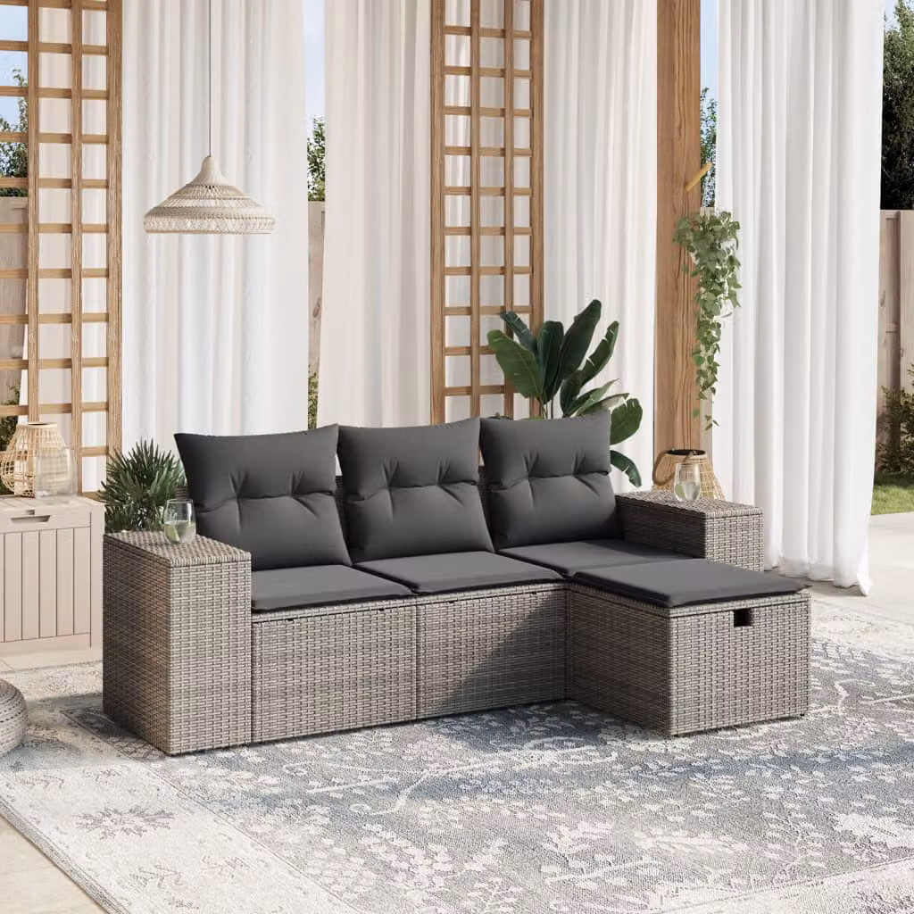 vidaXL Set Divani da Giardino a L 4 pz in Polyrattan Grigio con Cuscini Imbottiti e Coperture Rimosse – 1
