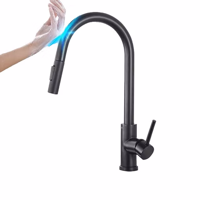 Rubinetto da cucina con sensore a sfioramento, rotazione di 360 gradi, due modalità d'acqua, sensore nero opaco