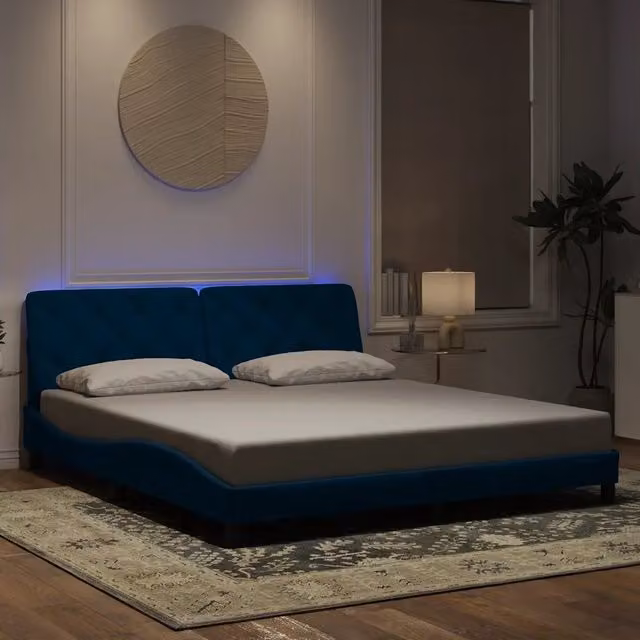 Letto con giroletto in velluto blu vidaXL con illuminazione LED e porta USB L/P/H: 200 x 180 x 74,5 cm