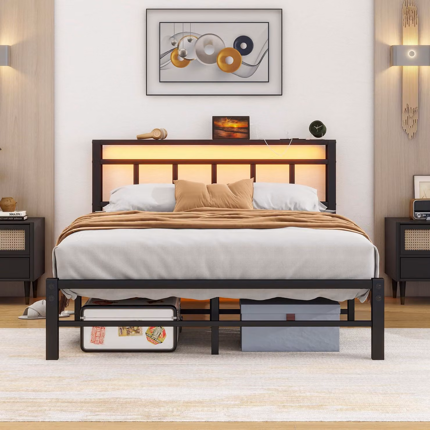 Letto matrimoniale in metallo, dimensioni 120x200 cm, con illuminazione a LED, prese USB e presa di corrente, colore nero