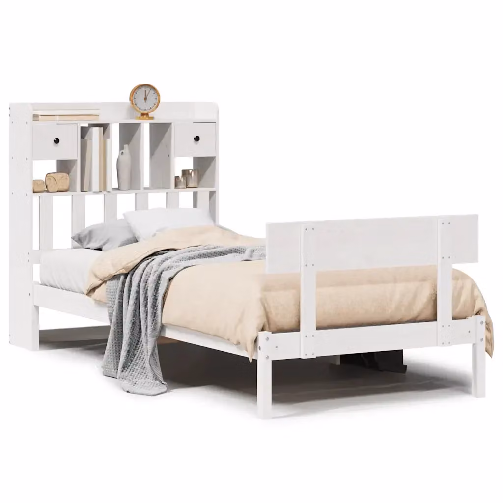 Letto con Libreria e Cassetti VIDAXL in Legno di Pino Bianco Rustico L: 151 cm, P: 110 cm, H: 81 cm – 2