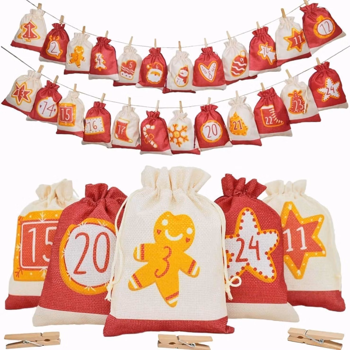 Sacchetti per l'avvento, confezione da 24, con numeri, colore rosso, dimensioni 13x18 cm, in juta