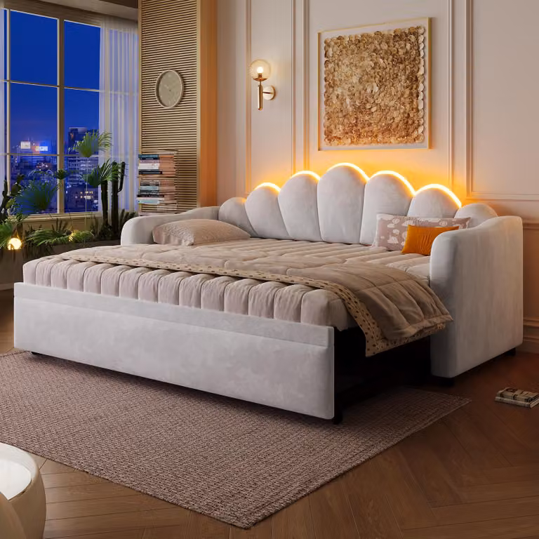 Divano letto Flieks 90x200 cm con letto estraibile, divano letto imbottito in pelle, divano letto con braccioli e schienale, divano letto in velluto, grigio
