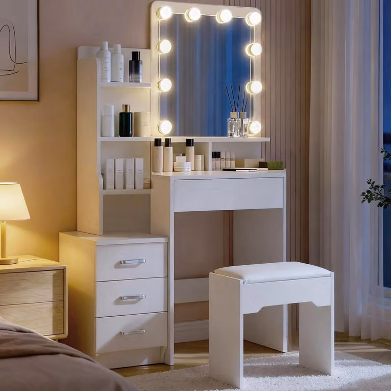 Comò da trucco con illuminazione a LED e poggiapiedi, 4 cassetti, 6 ripiani aperti, bianco, 87x40x149 cm
