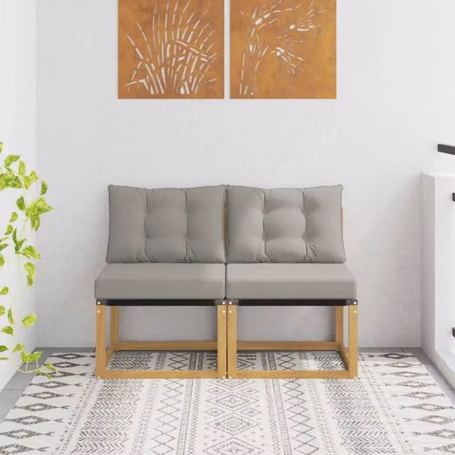Set di 2 divani centrali da esterno vidaXL in tessuto bianco e grigio con struttura in legno di acacia per giardino, balcone o terrazzo