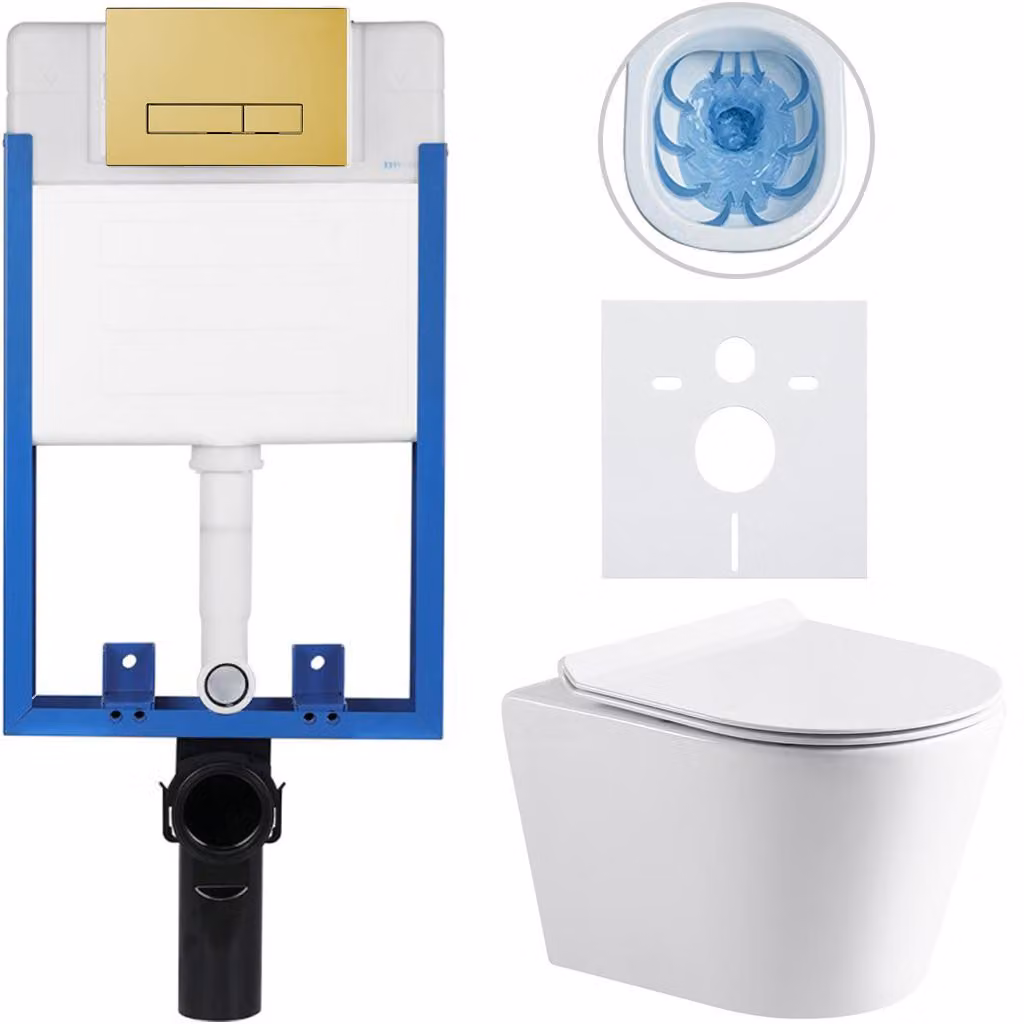 CERANO - Set completo per WC da incasso Lite/Norbi - bianco lucido - Pulsante per WC Slim, dorato - da incasso - 48,5x36,5 cm