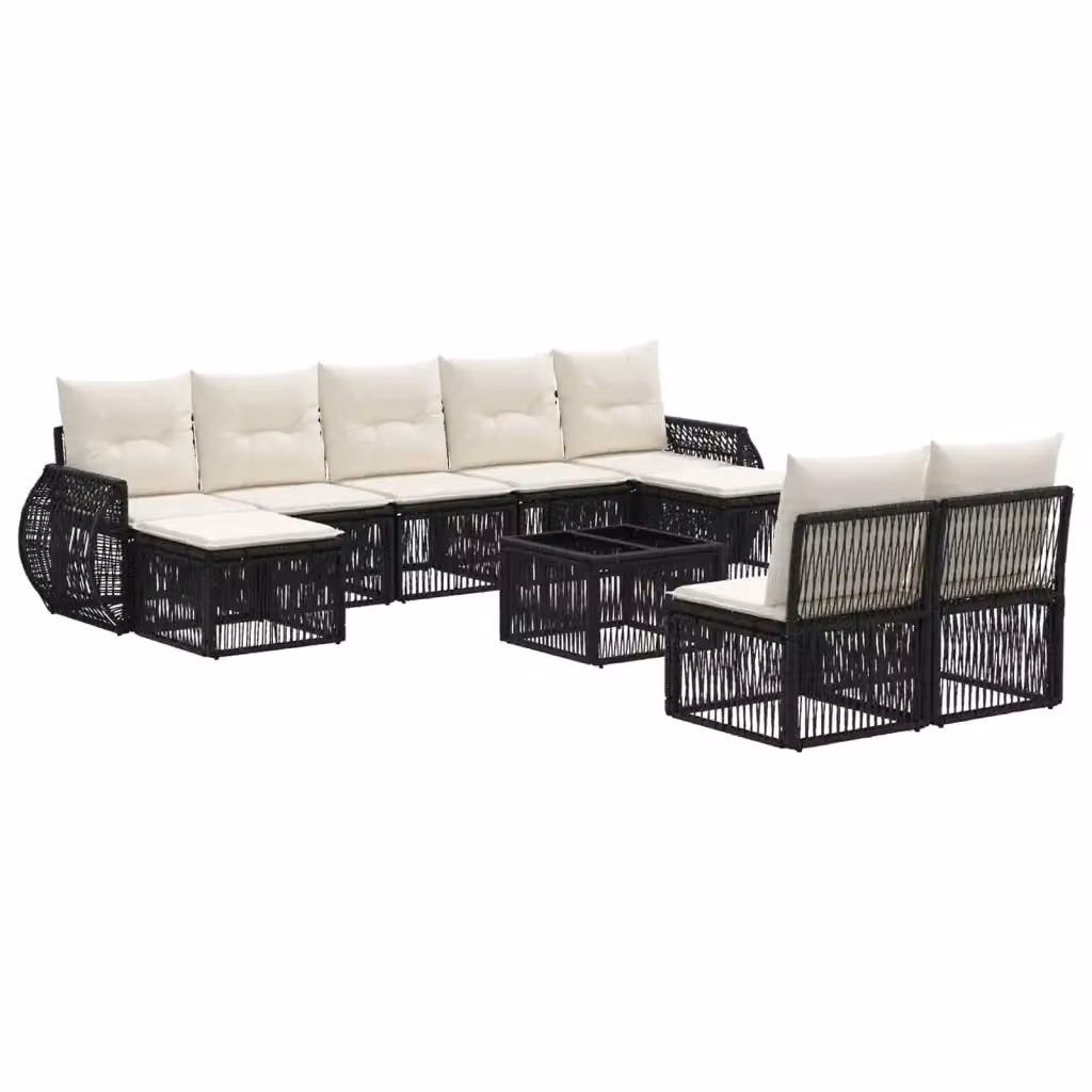 Set Divano da Giardino vidaXL a Forma a U in Polyrattan con Tavolino e Cuscini, Nero e Bianco Crema – 2