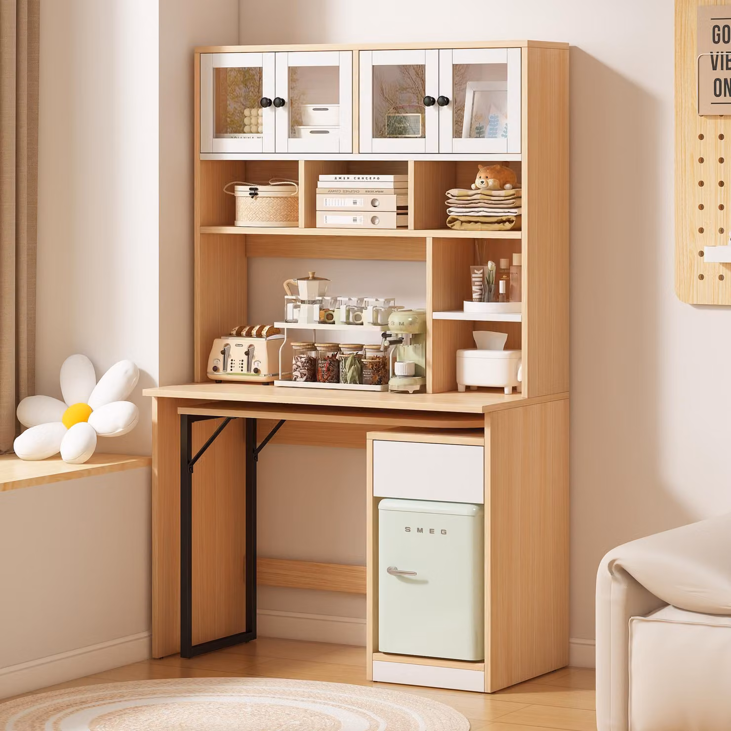 Scrivania per computer Sweiko, scrivania a ripiani, scrivania armadio, scrivania da lavoro, scrivania armadio, bianco naturale 180cm