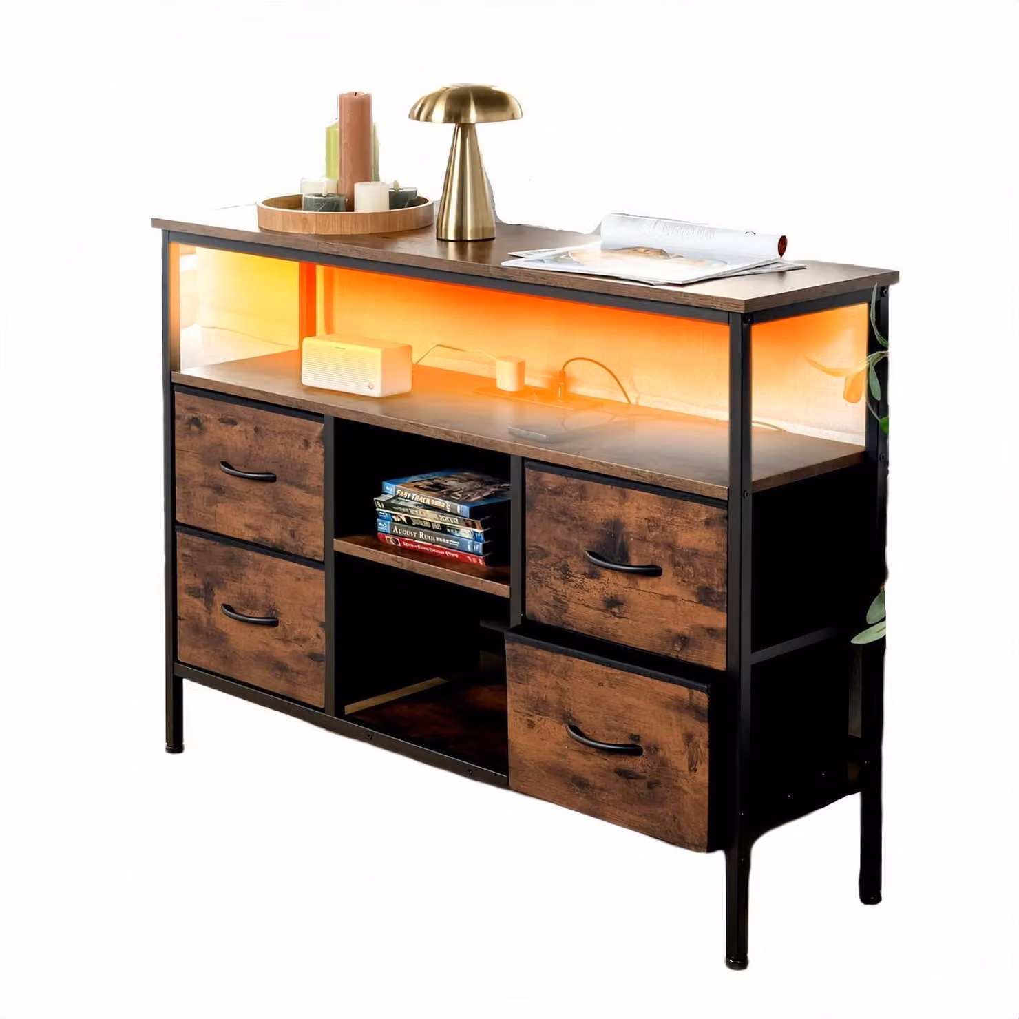 Comodino con illuminazione a LED, 4 cassetti, dimensioni 110x30x78 cm, 2 porte USB, 2 prese di corrente, legno, stile vintage