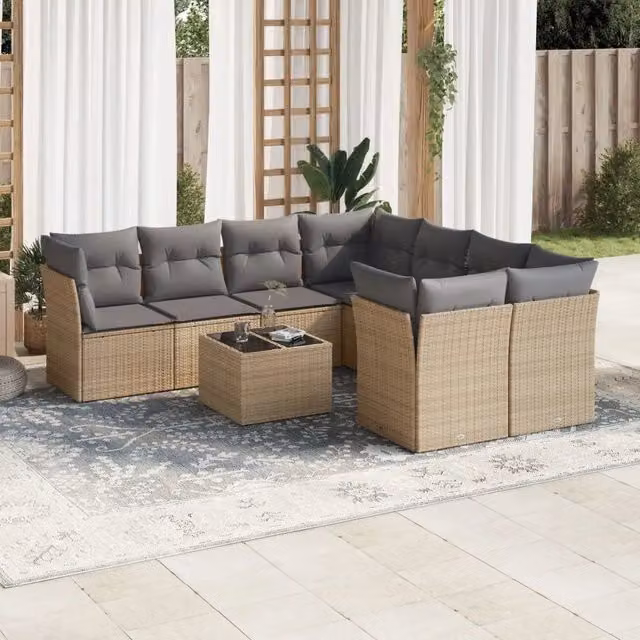 Set Divano da Giardino Moderno VIDAXL in Polyrattan con Cuscini Beige, 9 Pezzi a Forma di L