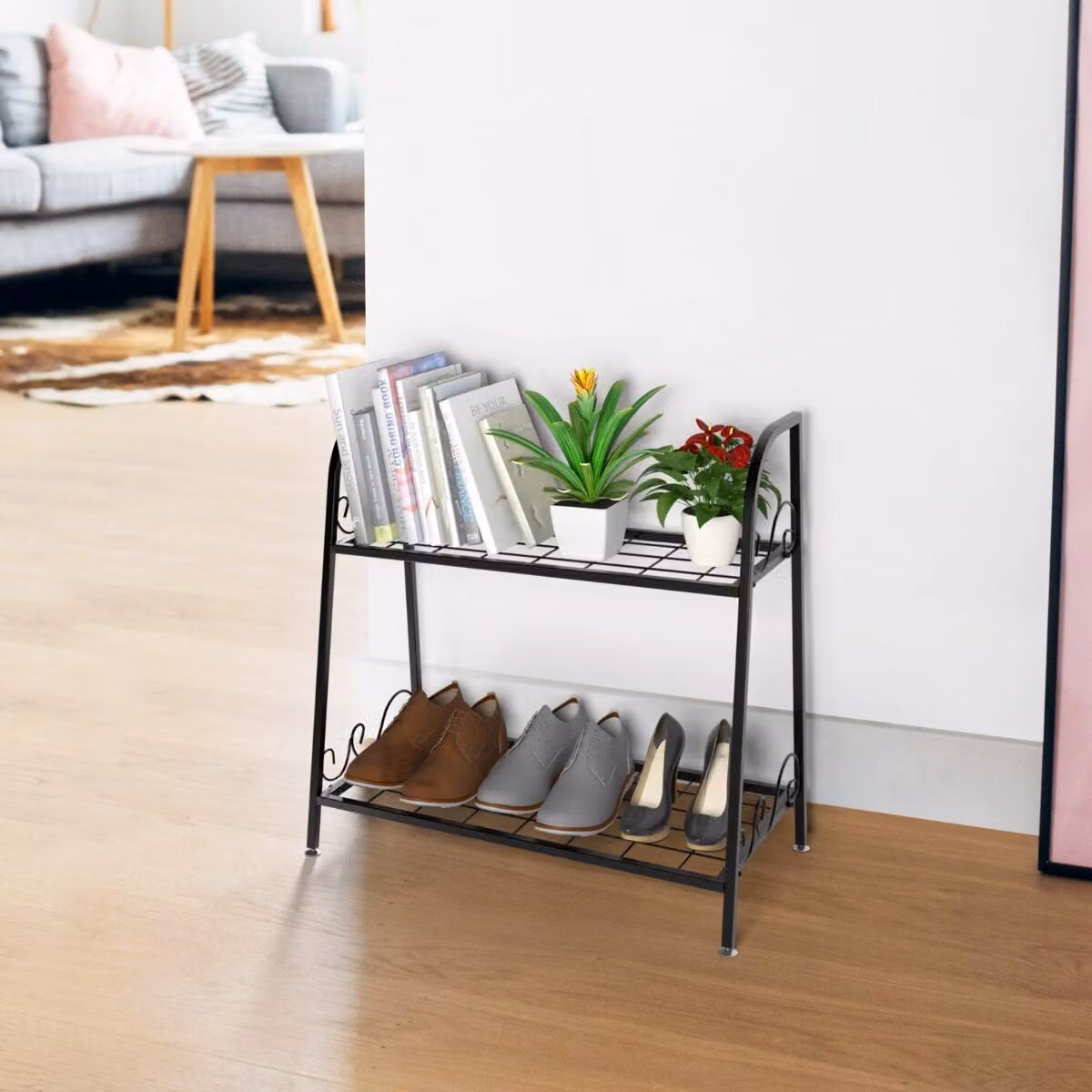 Set di 2 porta piante Costway in metallo nero opaco con 2 livelli, scaffale espositivo multifunzionale per interno ed esterno