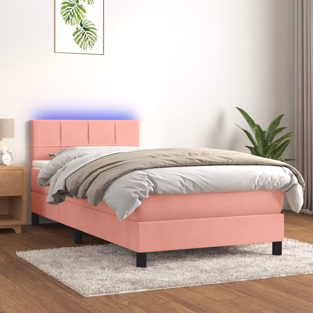 vidaXL Letto a molle con materasso e LED rosa 100x200 cm in velluto - Letto a molle - Letti a molle - Letto - Mobili per la camera da letto