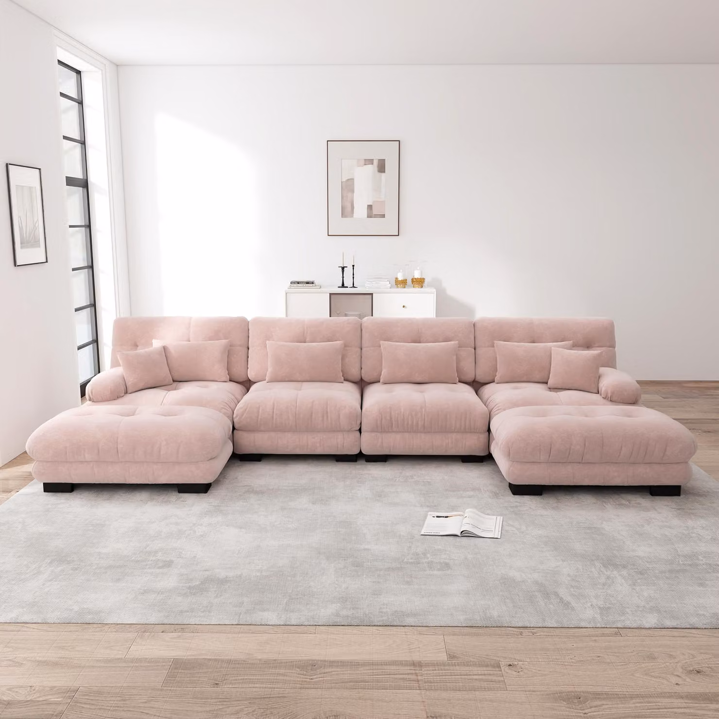 Divano angolare componibile Sweiko, set di divani a U per il soggiorno, comodo divano a nuvola a 4 posti con pouf mobile, combinazione fai da te, ciniglia, rosa