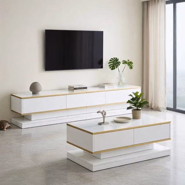 Cassettiera per TV bianca lucida in truciolare lunga 200 cm