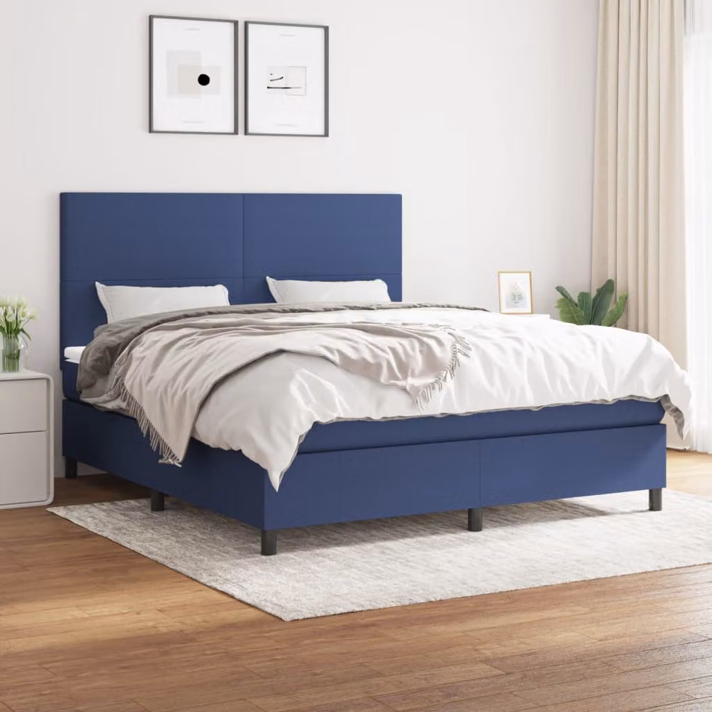 vidaXL Letto Ibrido con Giroletto a Molle e Materasso in Tessuto Blu e Bianco L/P: 160 x 200 cm