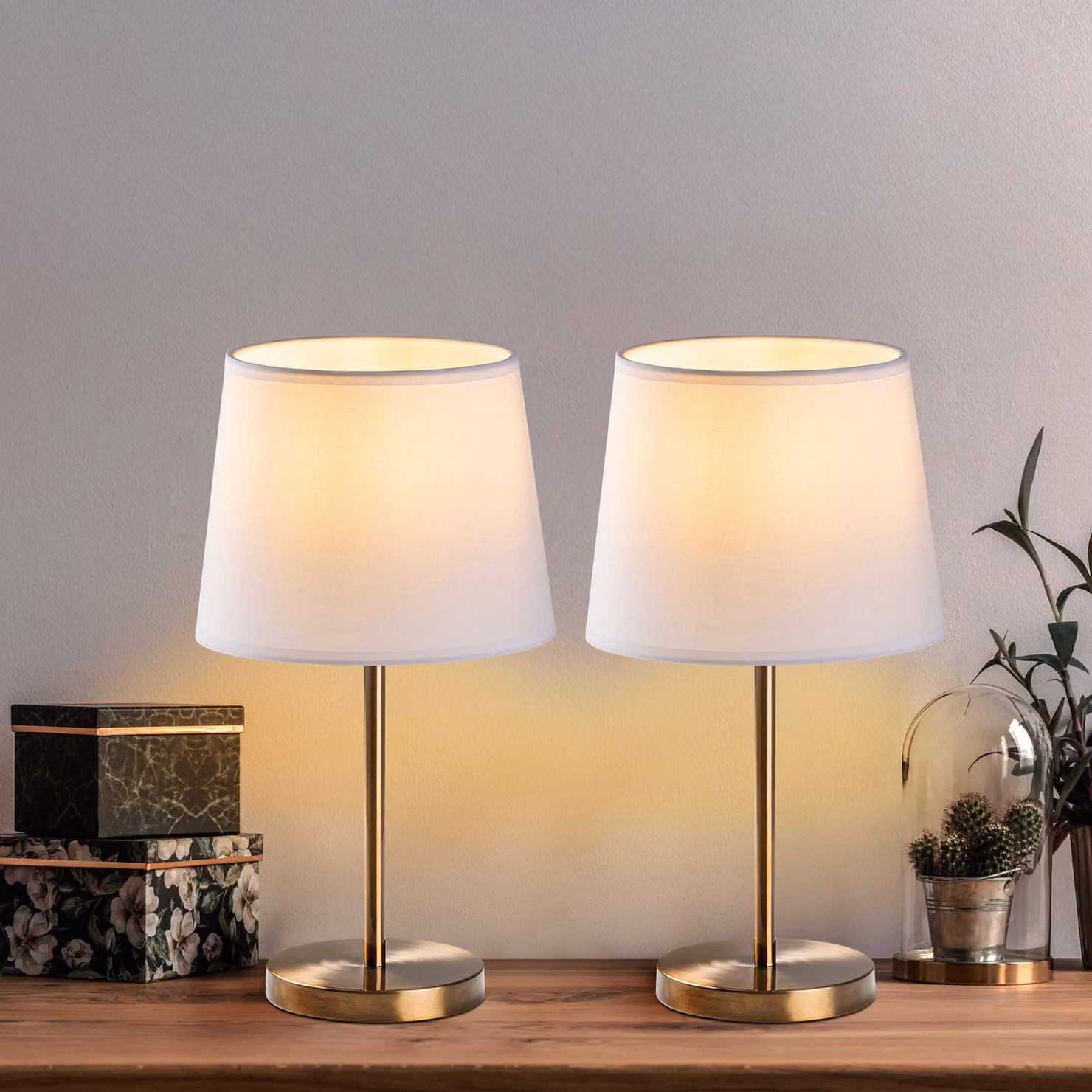 Opviq, set di lampade da tavolo di alta qualità (2 pezzi), stile antico, 21 x 21 x 39 cm | Struttura in metallo, paralume in tessuto, attacco E27, cavo da 200 cm con interruttore | Perfette per interni moderni e hotel.