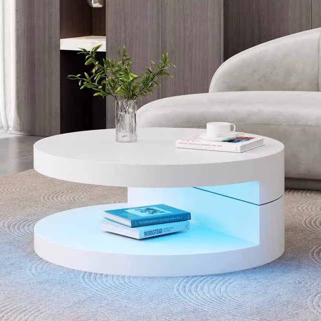 Tavolino da caffè 70x70x35.5 cm con piano girevole a 360 gradi e LED in MDF bianco