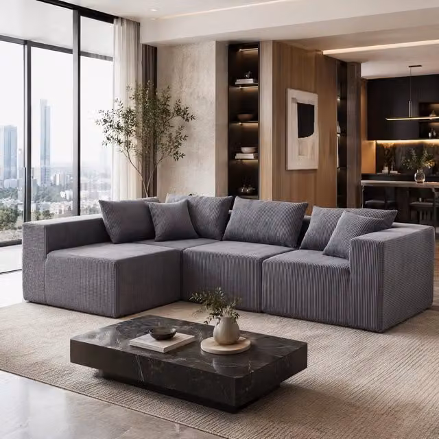 Divano angolare modulare 264x167x71 cm grigio – senza montaggio, velluto a coste e schiuma