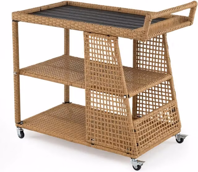 Carrello bar da esterno con 4 ruote 3 ripiani aperto e maniglia laterale, Carrello portavivande in rattan