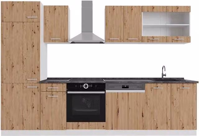Cucina componibile moderna Vicco R-Line in Rovere e Bianco con piano Antracite, L: 300 cm
