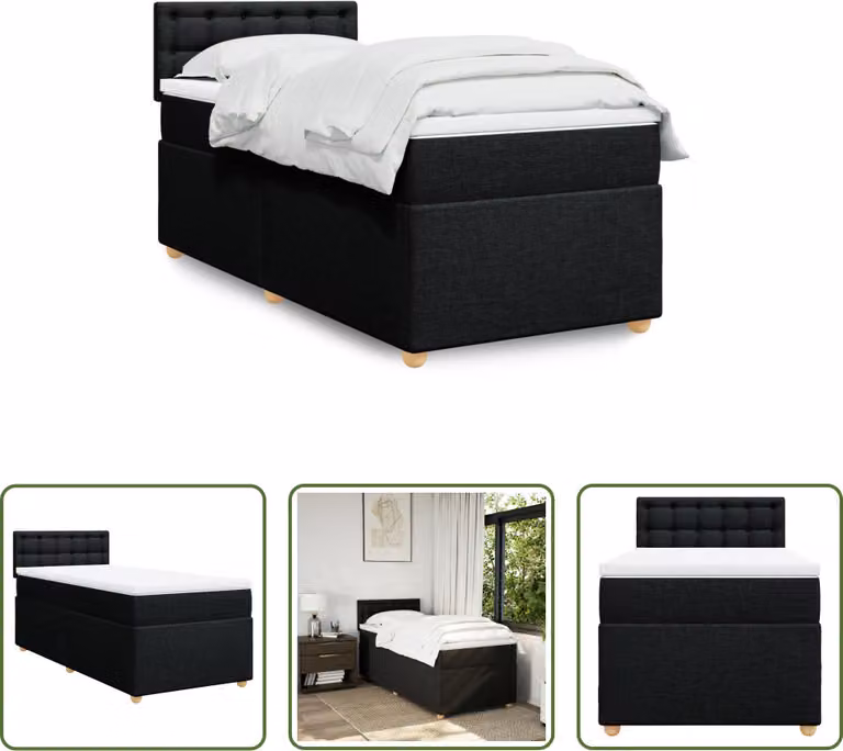 The Living Store Letto a molle con materasso nero 90x200 cm in tessuto