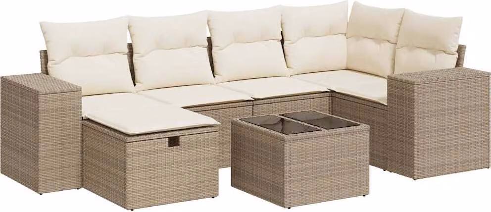Set Divani da Giardino 7 pz con Cuscini Beige in Polyrattan