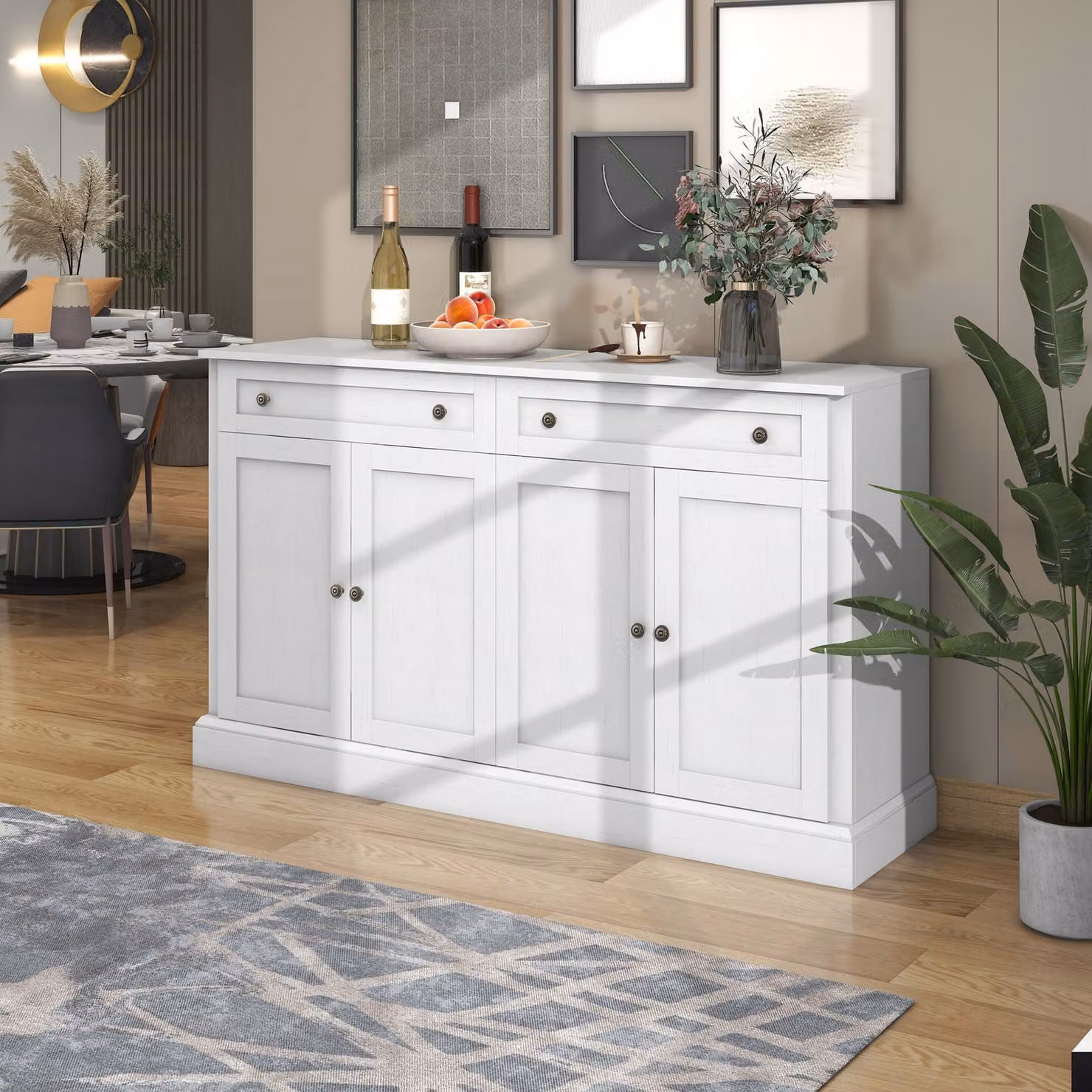 MODFU Credenza grande con 4 ante e 2 cassetti, mobile da sala da pranzo e soggiorno in stile moderno, 150 x 40 x 86 cm (L/P/A) Bianco
