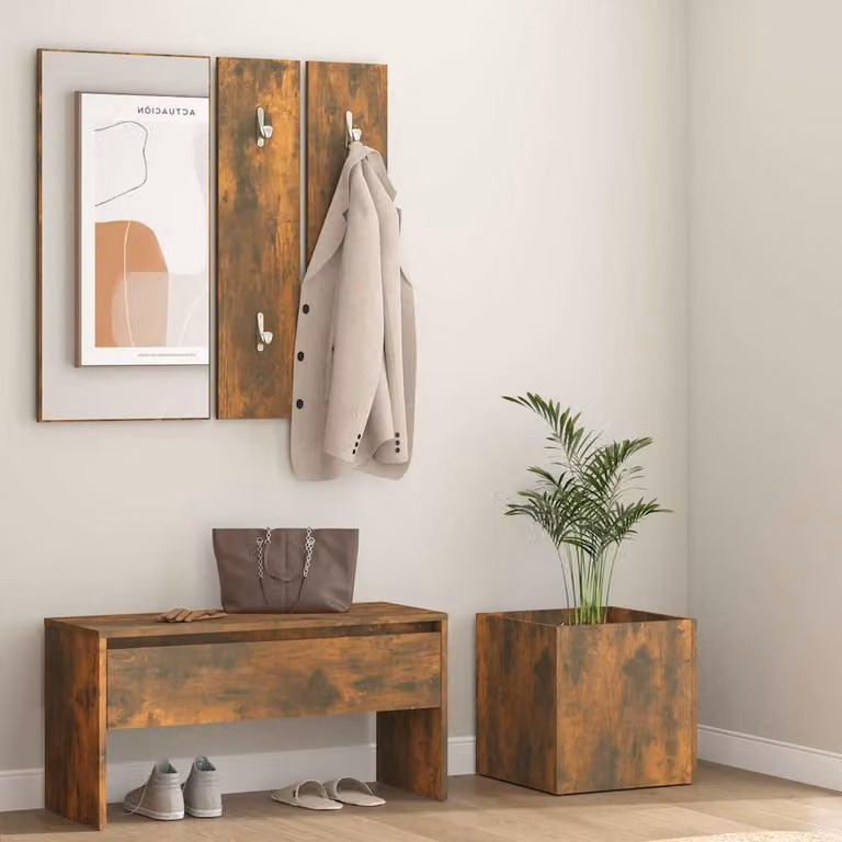 Set di mobili da corridoio moderno vidaXL in legno rovere fumo marrone con panca, specchio e appendiabiti