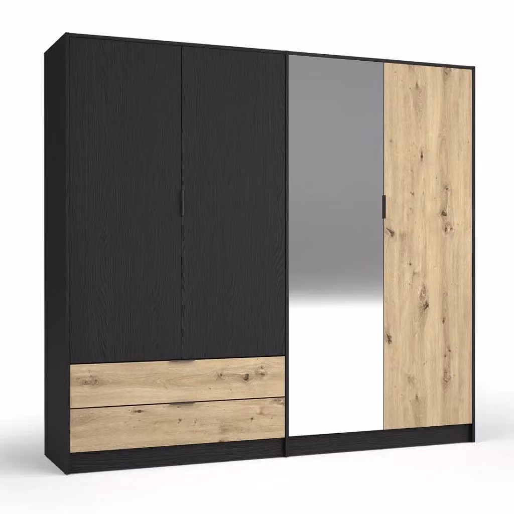 Camera completa Meublorama MELODY in legno nero e rovere chiaro con letto contenitore 180x200 cm, armadio, cassettiera e comodini – 2