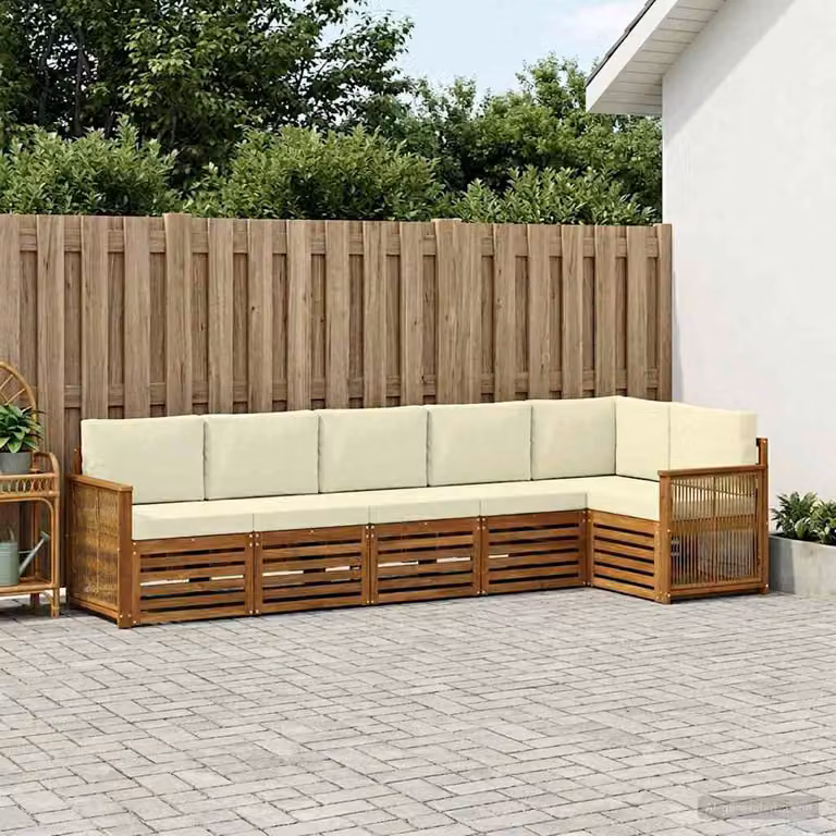 Set di divani da esterno vidaXL a forma di L in legno di acacia con cuscini, beige e bianco
