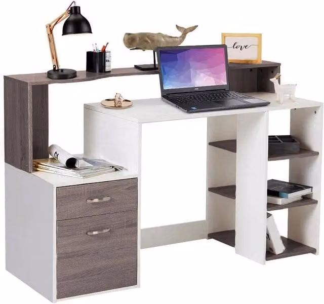 Scrivania da ufficio moderna Bakaji con cassettiera e libreria, finitura opaca in MDF, Grigio e Bianco, L: 140 cm, P: 55 cm, H: 92 cm – 1