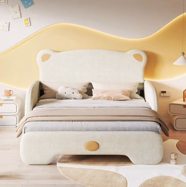 Letto imbottito ULEVR a forma di orso 140x200 cm con letto estraibile 140x105 cm, velluto beige