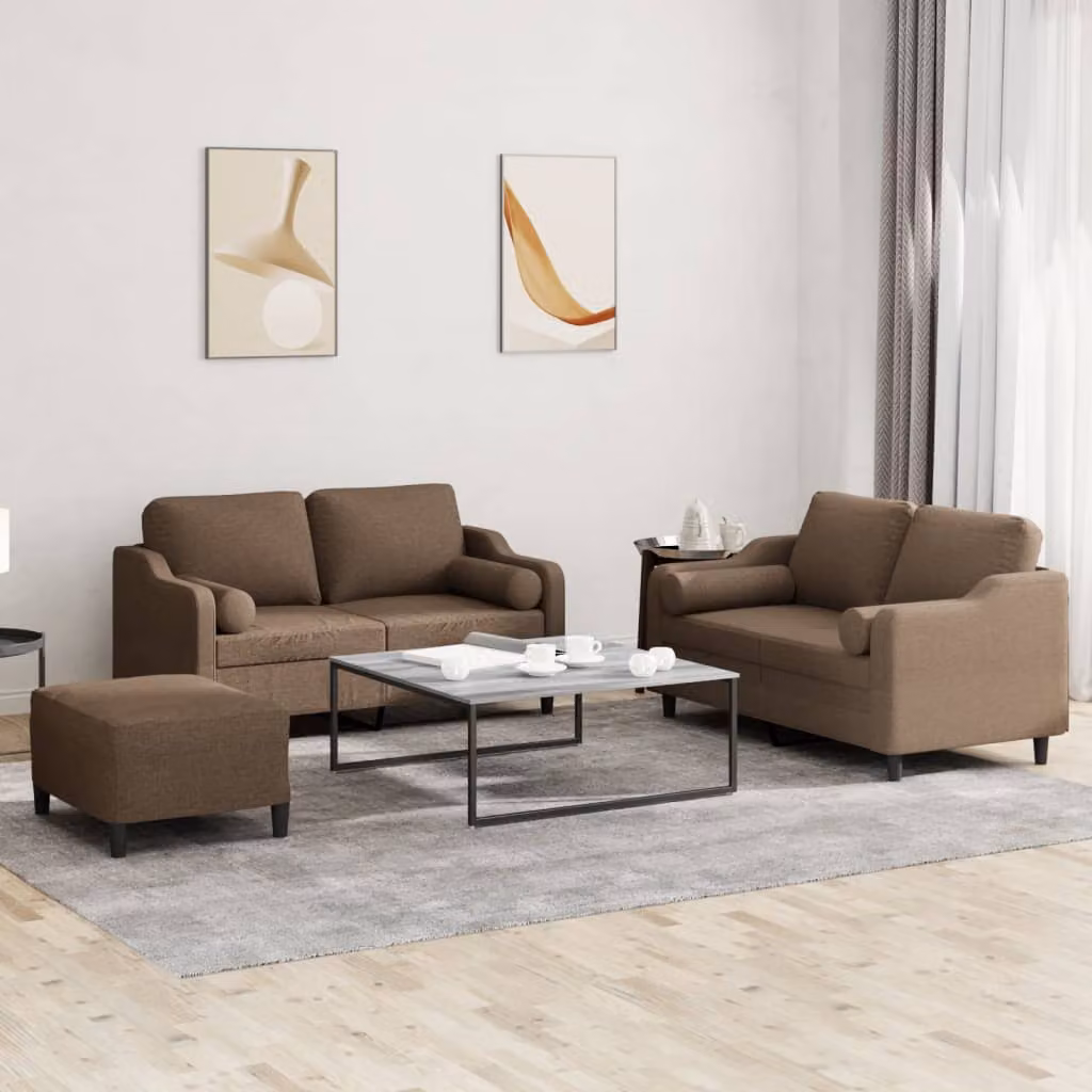 vidaXL Set di Divani 3 Pezzi Moderno in Tessuto Marrone con Cuscini – 1