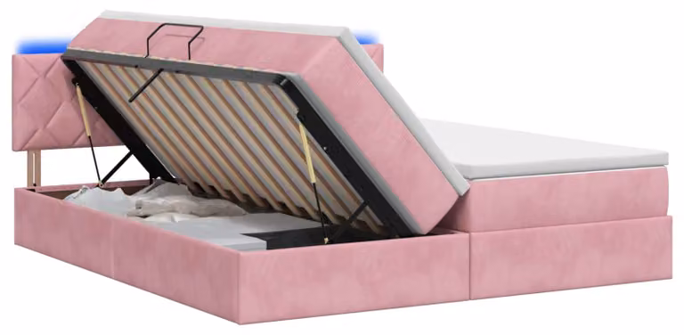 Letto imbottito con tecnologia LED e materasso rosa, dimensioni 180 x 200 cm, rivestito in velluto