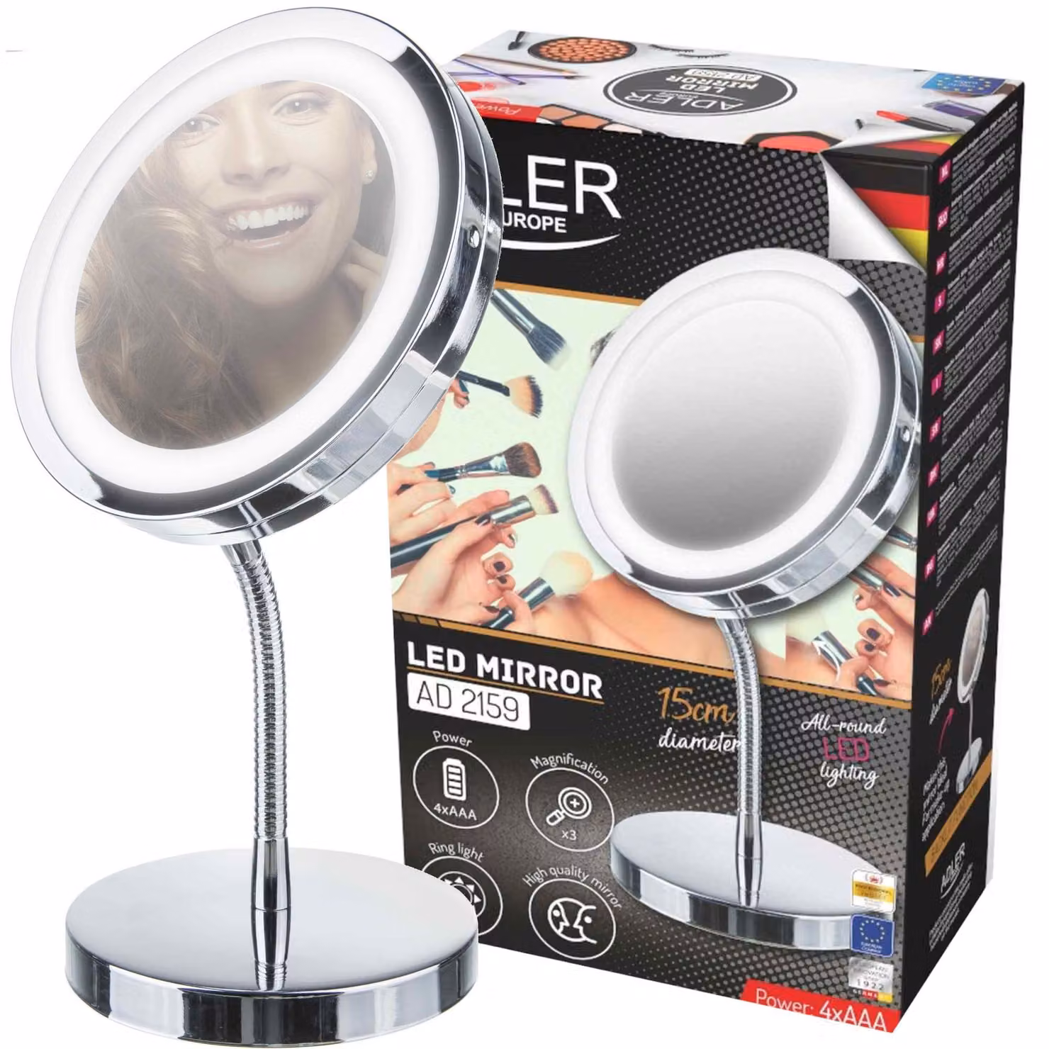 Specchio illuminato con ingrandimento 3x e angolo regolabile