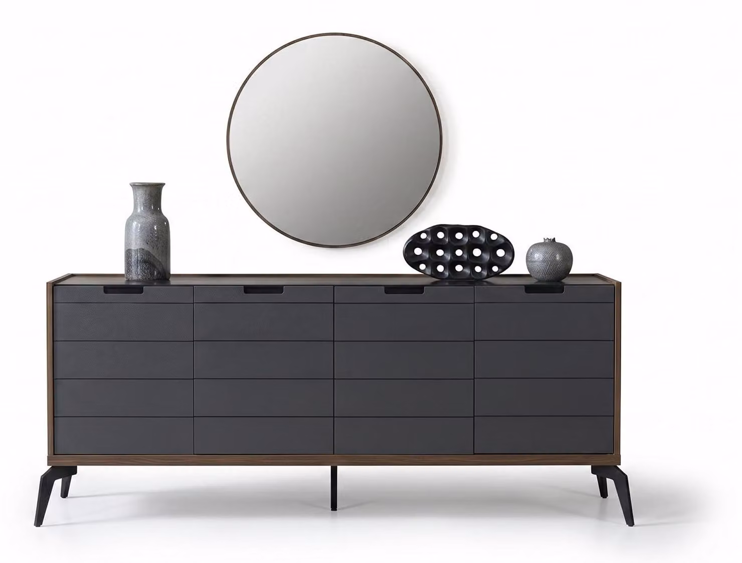 Comodino con specchio, colore grigio. Stile moderno e elegante, ideale per un ambiente loft. Comodino pratico e funzionale