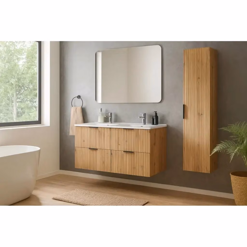 Set da bagno NOXERA Meublorama in Rovere Wotan con doppio lavabo incassato e sifoni, L: 120 cm – 2