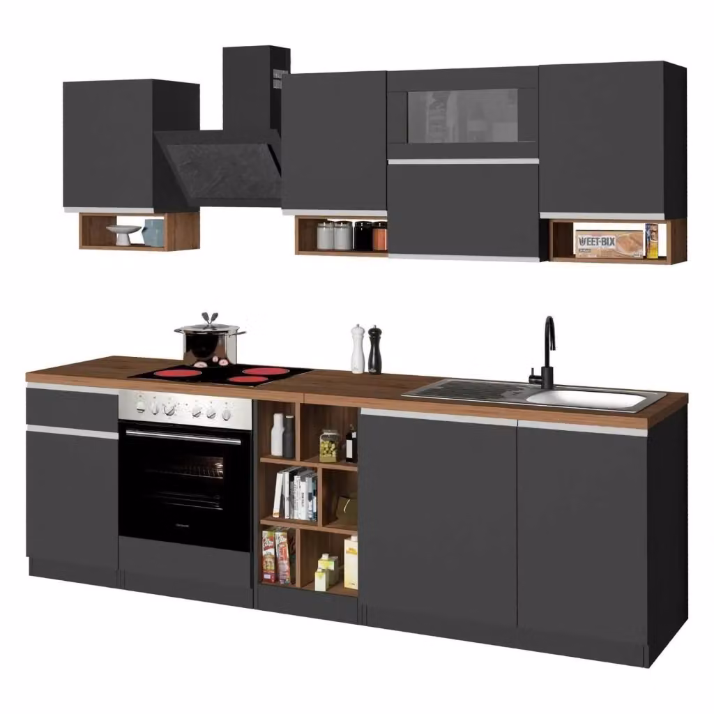 Cucinino Attiko DMORA in legno di rovere, colore grigio antracite, con ante a battente e ripiano aperto, L: 85 cm, P: 60 cm, H: 255 cm – 2