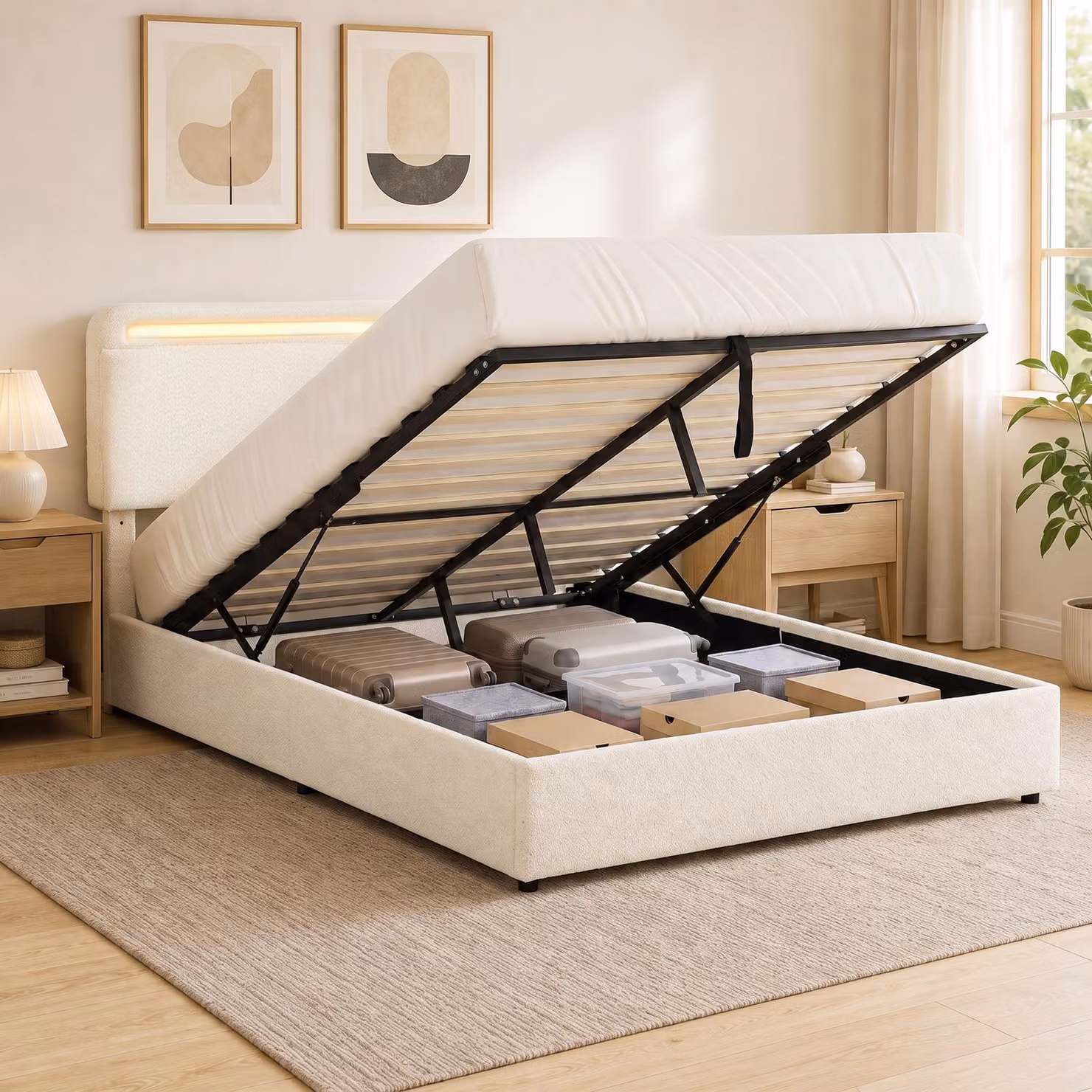 Letto contenitore HOMCOM in velluto beige con LED RGB e testiera regolabile L/P/H: 140 x 190 x 42,1 cm – 2