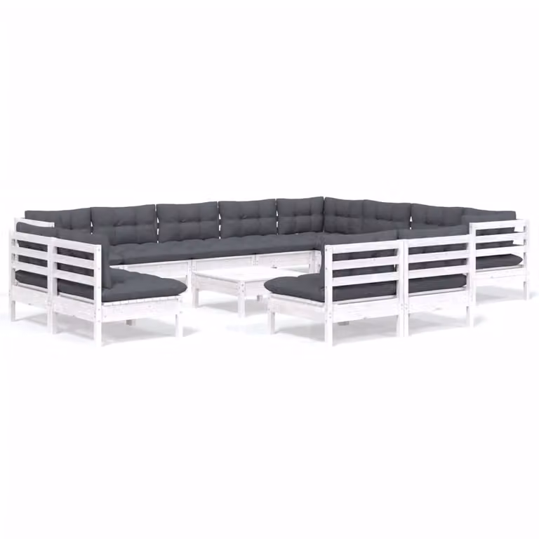Set Divani da Giardino 13 pz con Cuscini Bianchi Legno di Pino