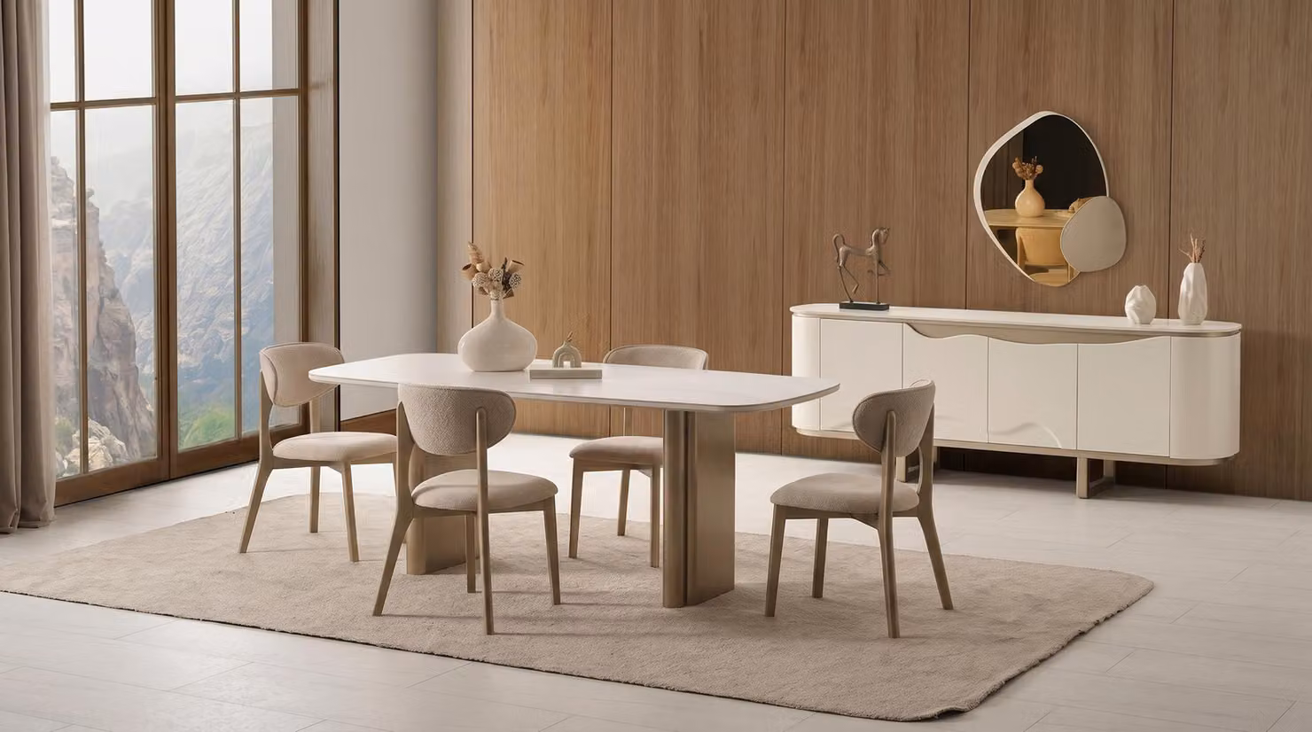 Set per sala da pranzo: tavolo, 4 sedie, consolle con specchio. Stile moderno ed elegante