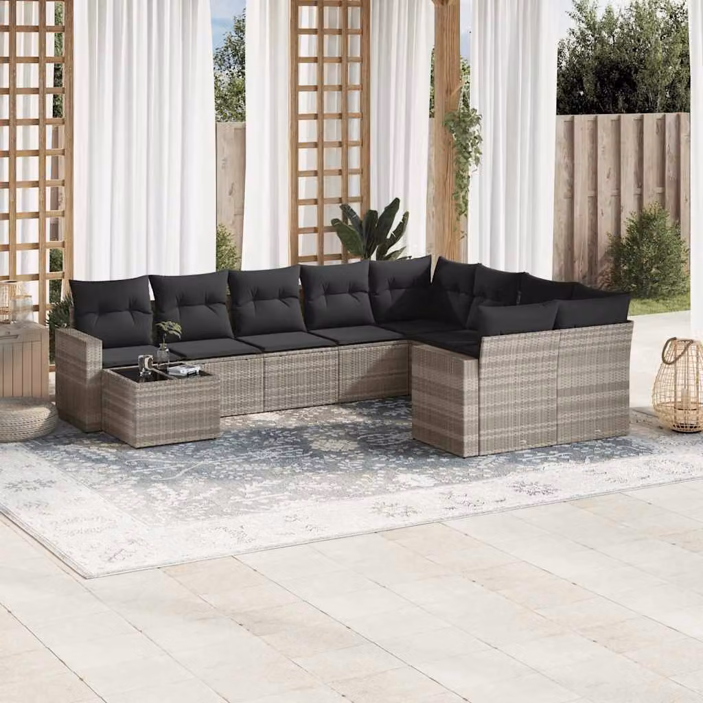 Set Divano da Giardino vidaXL 10 pz in Polyrattan Grigio con Cuscini e Tavolino – 1