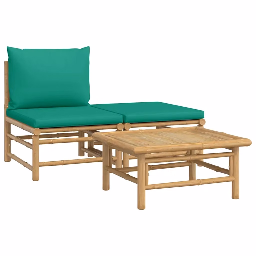 Set Salotto da Giardino vidaXL in Legno di Bambù Marrone con Divano a 3 Posti, Tavolino e Pouf e Cuscini Verdi – 2