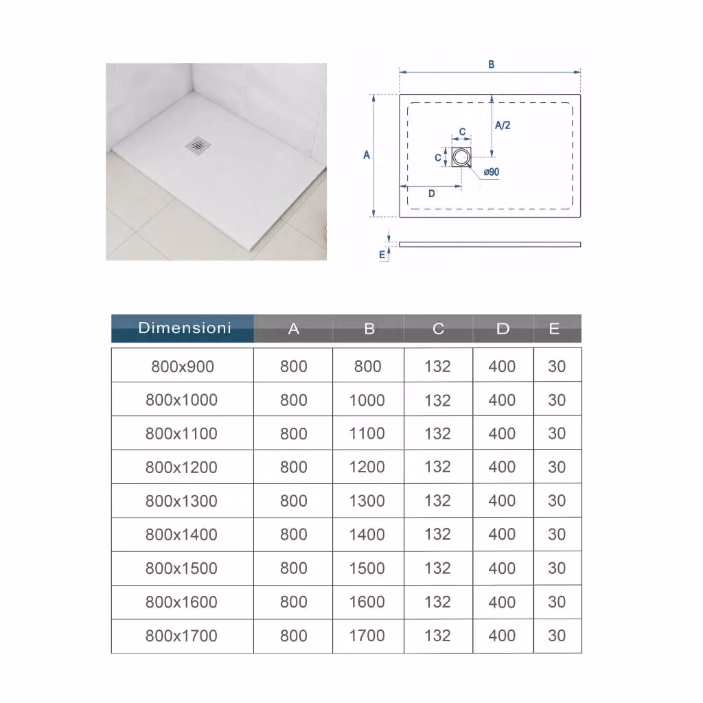 Piatto Doccia Rettangolare AICA ITALY in Pietra Artificiale e Mesina Mista Bianco con Effetto Ardesia Ruvido e Antiscivolo, L: 130 cm, P: 80 cm, H: 3 cm, con Piletta e Tubo inclusi – 2