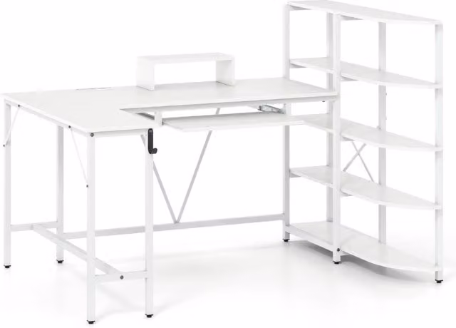Scrivania angolare per computer con stazione di ricarica gancio per cuffie e vassoio per tastiera, Scrivania a forma di L con ripiani Bianco-Scrivanie
