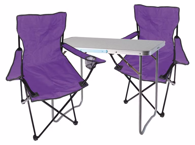 set di mobili da campeggio 3 pezzi tavolo viola + sedie da campeggio con borsa