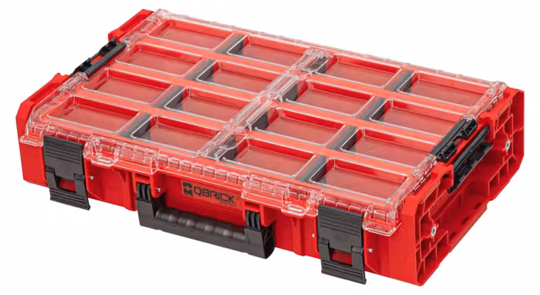 Qbrick System ONE Organiser XL 2.0 Long Bin RED ULTRA HD Impilabile su misura 582 x 387 x 131 mm 13,5 l IP66 con 4 intarsi e 12 divisori
