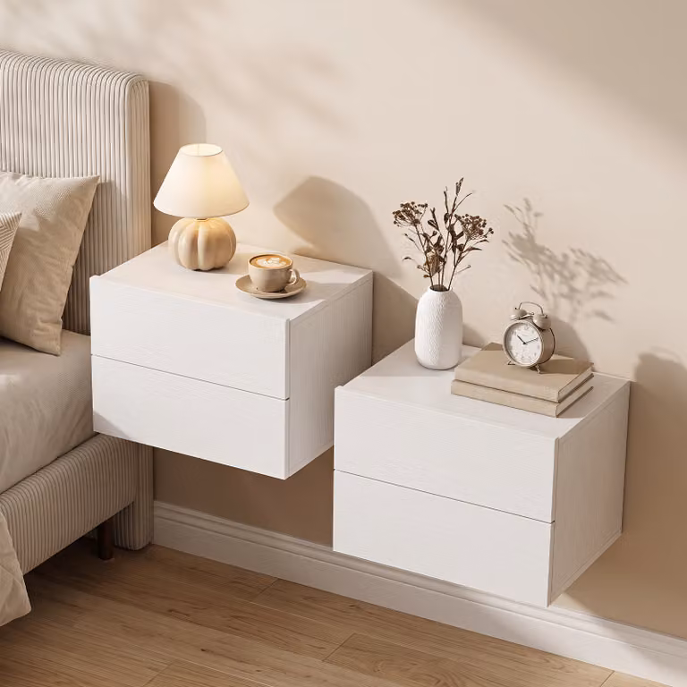 Set di 2 comodini sospesi Costway con 2 cassetti, cassettiere moderne bianche per camera da letto, soggiorno, studio o ingresso