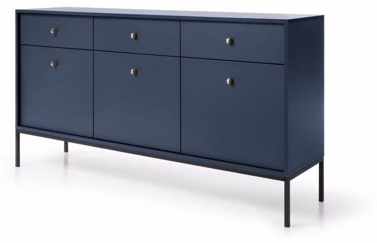 Comodino con tre cassetti e tre ante, colore blu navy, maniglie nere